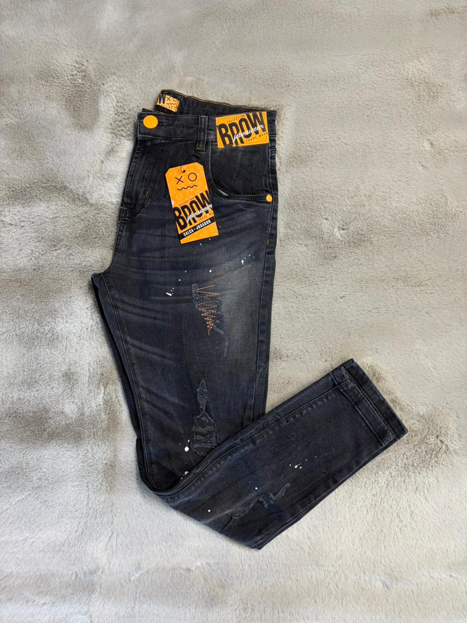 CALÇA JOGADOR BROW JEANS  PRETA DETALHE LARANJA